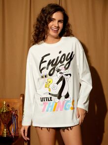 LOONEY TUNES X SHEIN Cartoon & Letter Graphic Drop Shoulder Tee - White - View 4