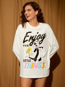 LOONEY TUNES X SHEIN Cartoon & Letter Graphic Drop Shoulder Tee - White - View 5