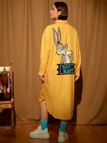 LOONEY TUNES X SHEIN Vestido camisero de rayas & con estampado de conejo de hombros caídos - Amarillo - Ver 1