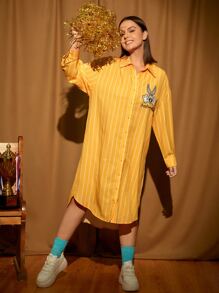 LOONEY TUNES X SHEIN Vestido camisero de rayas & con estampado de conejo de hombros caídos - Amarillo - Ver 2