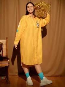 LOONEY TUNES X SHEIN Vestido camisero de rayas & con estampado de conejo de hombros caídos - Amarillo - Ver 5