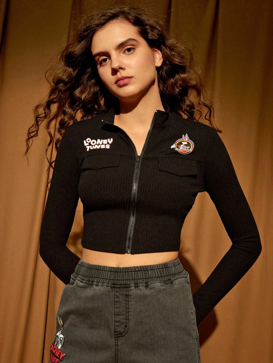 LOONEY TUNES X SHEIN Letter Patched Zip Up Crop Jacket - Black - View 1