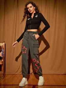 LOONEY TUNES X SHEIN Letter Patched Zip Up Crop Jacket - Black - View 5