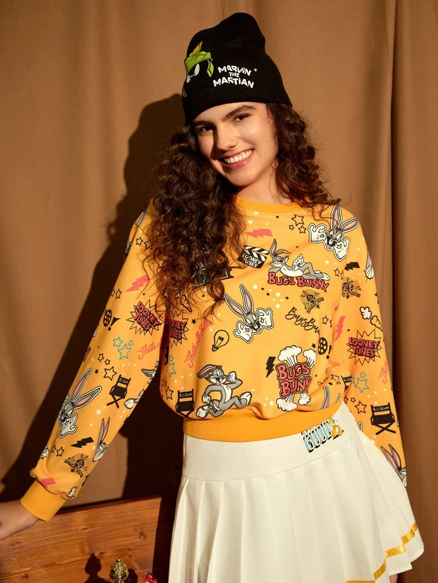 LOONEY TUNES X SHEIN 1 PC Cartoon & Letter Graphic Drop Shoulder Pullover