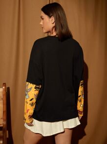 LOONEY TUNES X SHEIN Plus 1pc Cartoon & Letter Graphic Drop Shoulder 2 In 1 Tee - Black - View 2