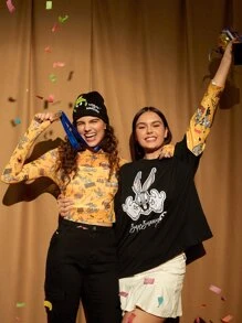 LOONEY TUNES X SHEIN Plus 1pc Cartoon & Letter Graphic Drop Shoulder 2 In 1 Tee - Black - View 5