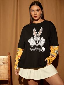 LOONEY TUNES X SHEIN Plus 1pc Cartoon & Letter Graphic Drop Shoulder 2 In 1 Tee - Black - View 8