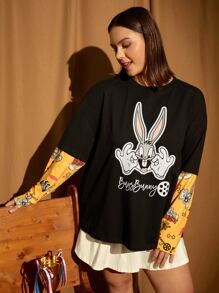 LOONEY TUNES X SHEIN Plus 1pc Cartoon & Letter Graphic Drop Shoulder 2 In 1 Tee - Black - View 9