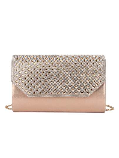 Borsa quadrata metallizzato con strass patta con catena