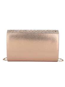 Metallic Rhinestone Decor Flap Chain Square Bag - Champagne - View 2