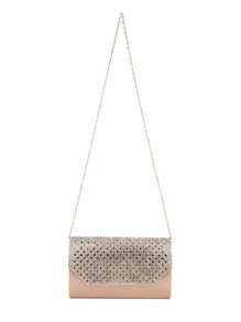 Metallic Rhinestone Decor Flap Chain Square Bag - Champagne - View 7
