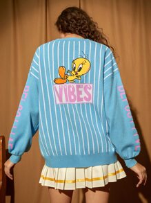 LOONEY TUNES X SHEIN Striped & Cartoon Pattern Drop Shoulder Cardigan - Baby Blue - View 1