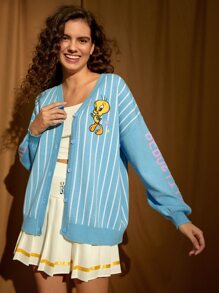 LOONEY TUNES X SHEIN Striped & Cartoon Pattern Drop Shoulder Cardigan - Baby Blue - View 7