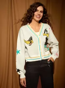 LOONEY TUNES X SHEIN Cartoon Pattern Drop Shoulder Cardigan - Beige - View 3