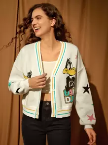 LOONEY TUNES X SHEIN Cartoon Pattern Drop Shoulder Cardigan - Beige - View 5