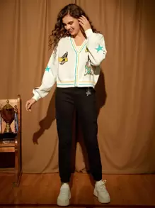 LOONEY TUNES X SHEIN Cartoon Pattern Drop Shoulder Cardigan - Beige - View 7