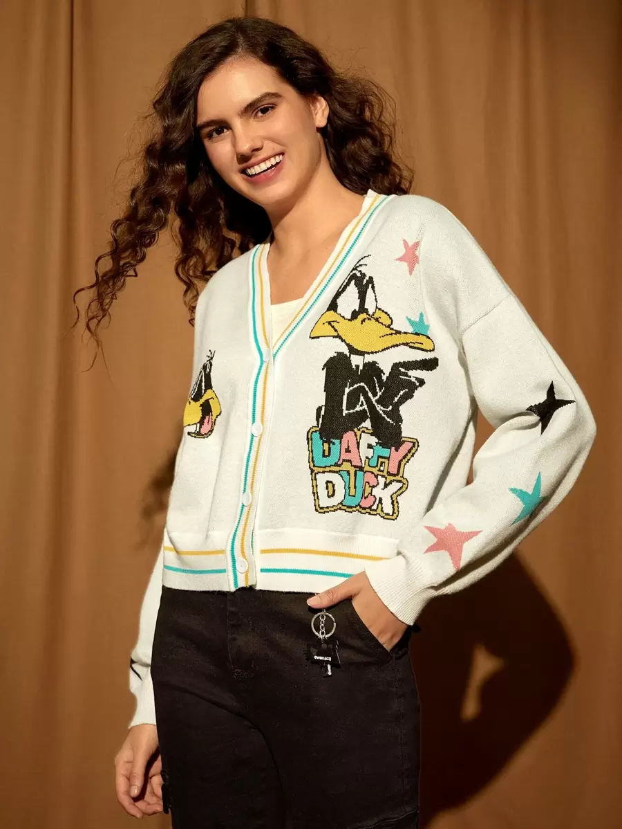 LOONEY TUNES X SHEIN Cartoon Pattern Drop Shoulder Cardigan - Beige - View 1