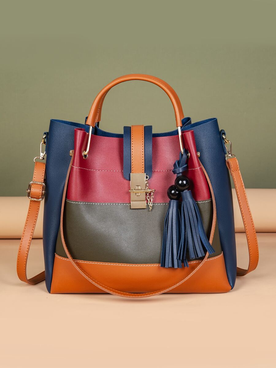 Bolsa con asa de color combinado con Accesorio de bolso con fleco - Multicolor - Ver 1