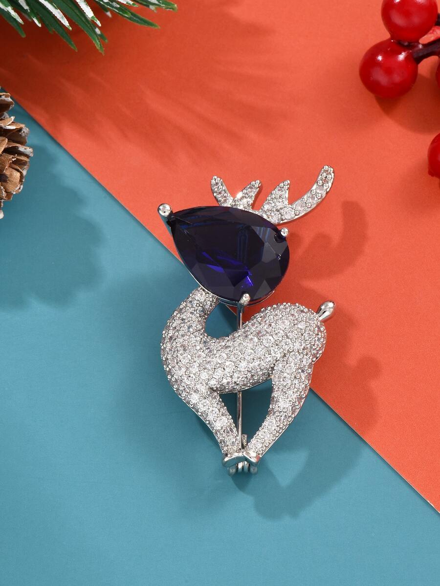 Christmas Rhinestone Elk Design Brooch - Navy Blue - View 1