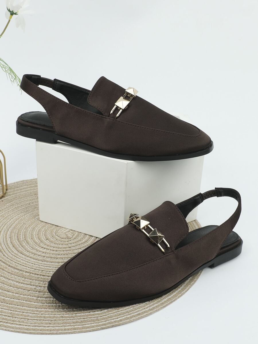 Studded Decor Satin Slingback Flats - Coffee Brown - View 1