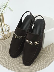 Studded Decor Satin Slingback Flats - Coffee Brown - View 2