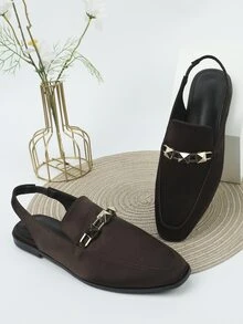Studded Decor Satin Slingback Flats - Coffee Brown - View 4