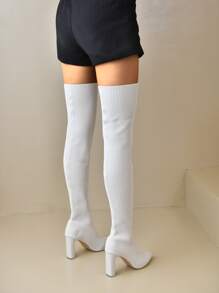Minimalist Point Toe Chunky Heeled Sock Boots - White - View 2