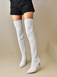 Minimalist Point Toe Chunky Heeled Sock Boots - White - View 3