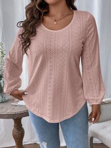 SHEIN LUNE Plus Eyelet Embroidery Lantern Sleeve Tee - Dusty Pink - View 1