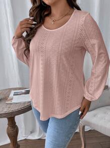 SHEIN LUNE Plus Eyelet Embroidery Lantern Sleeve Tee - Dusty Pink - View 3
