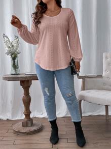 SHEIN LUNE Plus Eyelet Embroidery Lantern Sleeve Tee - Dusty Pink - View 4