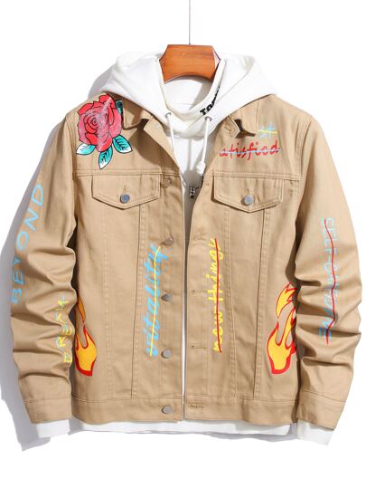 Herren Baumwolle Denim Jacke mit Buchstaben und Feuermuster ohne Kapuze