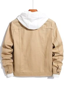 Manfinity Roghcode 男士棉字母和火焰圖案牛仔夾克無連帽衫 - 卡其色 - 查看 2