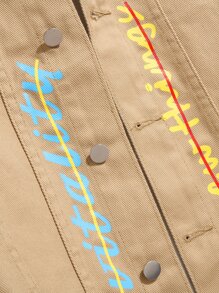 Manfinity Roghcode 男士棉字母和火焰圖案牛仔夾克無連帽衫 - 卡其色 - 查看 5