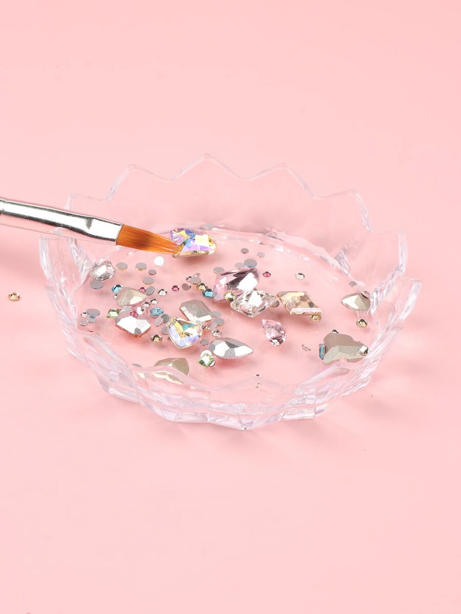 FULL BEAUTY 1pc Multi-Functional Nail Brush Stand Clear Rhinestone Glitter Storage Box Tray Plate Container Holder Nail Art Tools - Clear - View 1