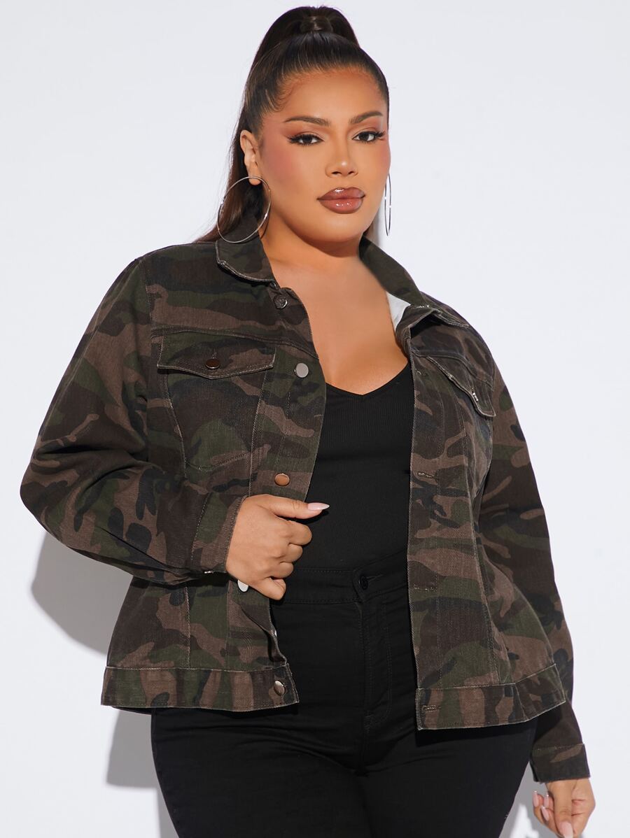 Plus Camo Print Denim Jacket - Multicolor - View 1