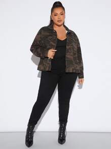 Plus Camo Print Denim Jacket - Multicolor - View 5