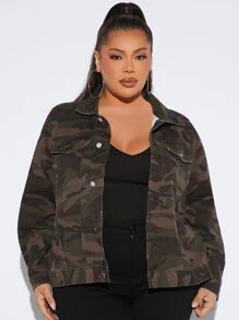Plus Camo Print Denim Jacket - Multicolor - View 6