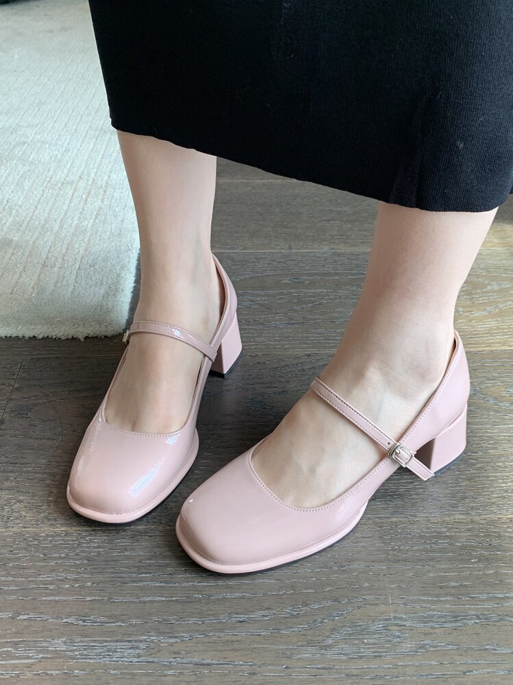スクエアトゥ チャンキーヒール メリージェーンパンプス | SHEIN JAPAN