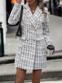 SHEIN Clasi Plaid Pattern Double Breasted Tweed Overcoat Fall Winter Cloth For Women - White - View 5
