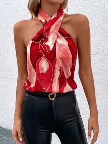 Chiquease Áo hai dây Hội Chữ thập Đồ họa Giải trí - Đỏ - Xem 6