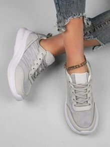 Letter Patch Decor Lace-Up Front Running Shoes, Women's Sports Shoes: Chunky Sneakers With Knit Fabric, Grey Color Block - Grey - View 2