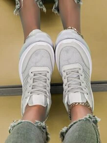 Letter Patch Decor Lace-Up Front Running Shoes, Women's Sports Shoes: Chunky Sneakers With Knit Fabric, Grey Color Block - Grey - View 7