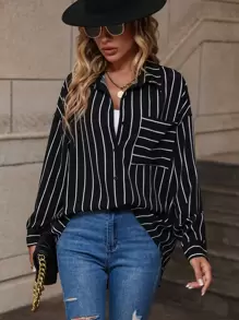 Camisa con estampado de rayas de hombros caídos - Negro - Ver 1