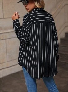 Camisa con estampado de rayas de hombros caídos - Negro - Ver 2