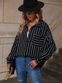 Camisa con estampado de rayas de hombros caídos - Negro - Ver 5