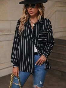 Camisa con estampado de rayas de hombros caídos - Negro - Ver 6