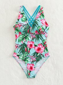 SHEIN Swim Tropical Print Crisscross One Piece Swimsuit - Multicolor - View 3