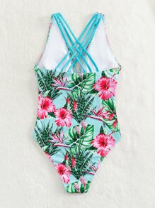 SHEIN Swim Tropical Print Crisscross One Piece Swimsuit - Multicolor - View 7