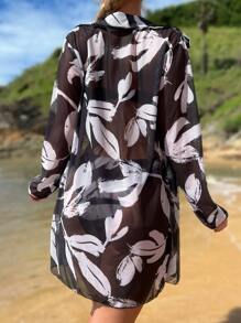 3入組植物印花Push Up露肩式夏日海灘比基尼套裝 - 黑與白 - 查看 2